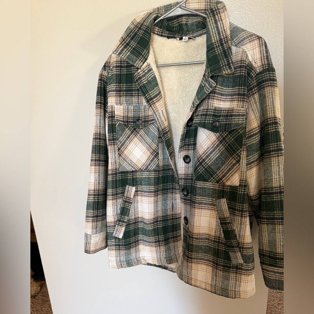 Elegant Green and Cream Plaid Women's Shacket